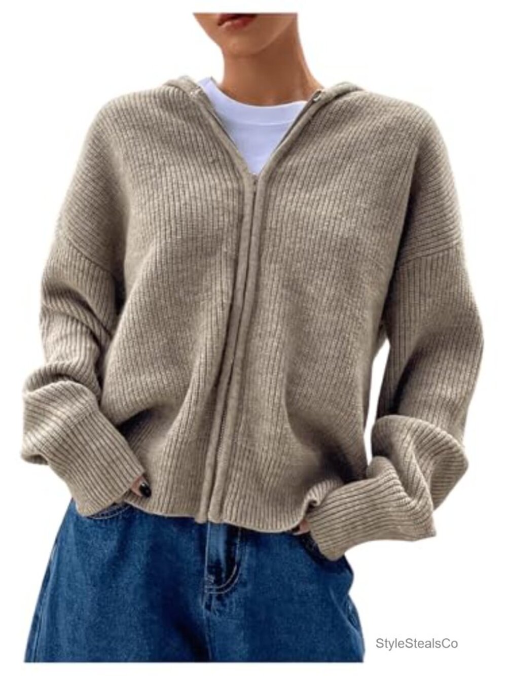 Women's Zip Up Hooded Cardigan Knit Long Sleeve Drop Shoulder Sweater Jacket